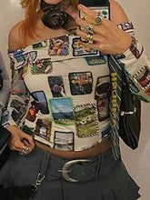 Stamp Print Off Shoulder Long Sleeve Tee - HouseofHalley