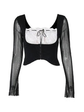 Lace Splice Mesh Tie Front Cropped Long Sleeve Tee - HouseofHalley