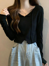 Solid V Neck Slit Hem Long Sleeve Knit - HouseofHalley