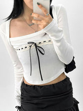 Long Sleeve Square-Neck Lace Panel Bow Accent Plain Crop Top - HouseofHalley