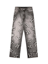 Frayed Cross & Letter Patch Jeans