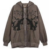 Gothic Angel Garment Dyed Zip Up Hoodie