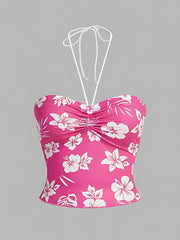 Hibiscus Floral Ruched Bust Halter Crop Top