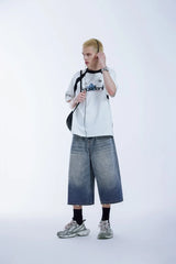 Washed Wide Leg Denim Jeans Short