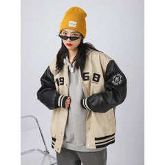Varsity Portrait PU Leather Bomber Jacket