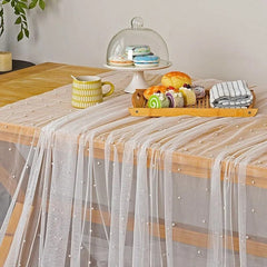 Elegant Wedding Birthday Party Pearl Tablecloth Decor Tulle Cake Dessert Buffet Table Cover Stylish Backdrop Curtain Photo Prop