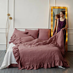 3PCS 100% Pure Linen Ruffle Duvet Cover Set Pillowcase And Duvet Cover Double Queen King Size Soft Bed Set Flax Bedding Kit