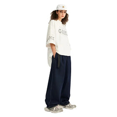 Stitching Blue Wide-Leg Jeans