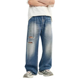 Retro Ripped Wide Leg Blue Denim Pant