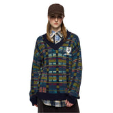 Contrast Color Colorful Check V-Neck Sweater