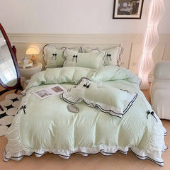 Korean Princess White Bedding Set For Women Double Ruffle Lace Duvet Cover Full Queen Solid Color Comfortable Falt Bed Sheet Set