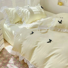 French Ins Princess Style Lace Four-piece Set Washed Cotton Embroidered Quilt Cover Set Bow Girly Heart Bed Sheet Three-piece