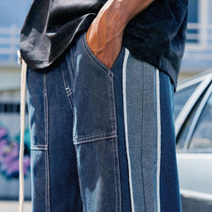 Patchwork Elastic Waist Blue Denim Jeans