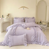Korean Princess Bedding Set - 4PC Lace Trim Duvet Cover + Pillowcases (Solid Color, Queen/King Size for Girls)