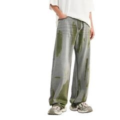 Casual Green Painted Wide-Leg Jeans