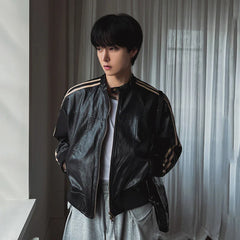 Urban Striped Shoulder Leather Jacket