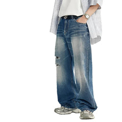 Retro Ripped Wide Leg Blue Denim Pant