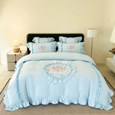 4Pcs Rose Flowers Embroidery Bedding Set Double King Queen Size Pink Girls Bedroom Duvet Cover Flat/Fitted Bed Sheet