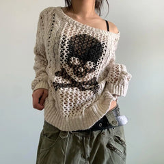Y2K Skull Graphic Distressed Knit Sweater