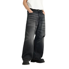 Retro Washed Black Ripped Wide-Leg Jeans