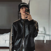 Urban Striped Shoulder Leather Jacket