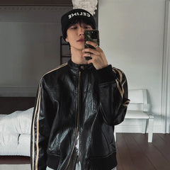 Urban Striped Shoulder Leather Jacket