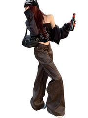 Casual Brown Leather Wide Leg Pant