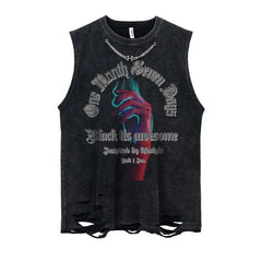 Metal Embellished Rose Washed Distressed Tank Top