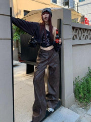 Casual Brown Leather Wide Leg Pant