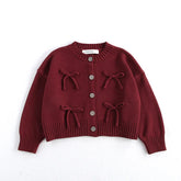 Long Sleeved O-neck Bowknot Red Cardigen