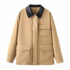 Faux Leather Contrast Sleeve Coat