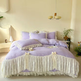 Korean style Princess lace bow bedding set pink sweet girl chiffon ruffles duvet cover bed sheet pillowcase wedding home textile