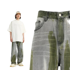 Casual Green Painted Wide-Leg Jeans