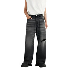 Retro Washed Black Ripped Wide-Leg Jeans