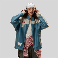 Waterproof Color block Leather Varsity Jacket