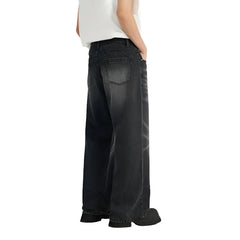 Retro Washed Black Ripped Wide-Leg Jeans