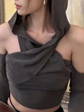 Long Sleeve Cold-Shoulder Hooded Plain Crop Top - HouseofHalley