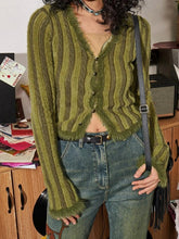 Contrast Color Vertical Stripe V Neck Cardigan - HouseofHalley