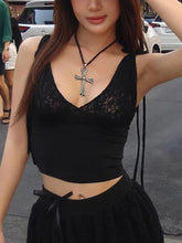 Lace Splice V Neck Lace Up Tank Top - HouseofHalley