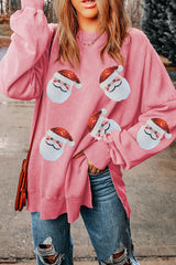 Sequin Santa Round Neck Slit  Christmas Sweatshirt