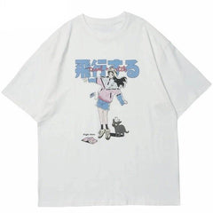 Japanese Cartoon Girl Cat Print T-Shirt