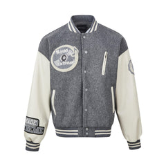 Music Label Leather Sleeve Baseball Jacket