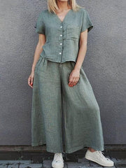 Cotton and Linen Solid Color Short-sleeved Shirt Top and Wide-leg Pants Suit