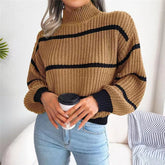 Women's Fashion Casual Striped Balloon Sleeve Turtleneck Sweater
