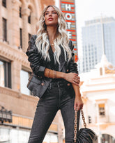 Lenny Pocketed Faux Leather Blazer - Black