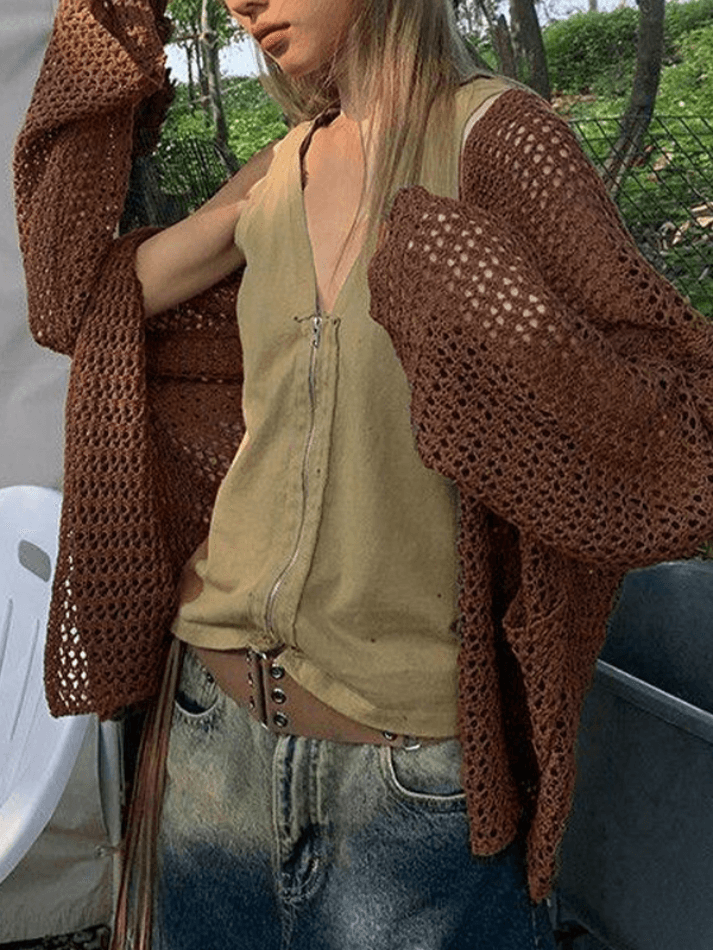 Open Front Crochet Knit Long Top - HouseofHalley