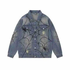 Retro Spider Print Jeans Jacket