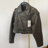 Vintage Leather Jacket Zipper Belt Biker