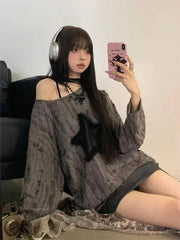 Y2k Aesthetic Star Print Ripped T-shirt