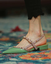 Pointed-toe Solid Color Splicing Studded Buckle Flat Sandals